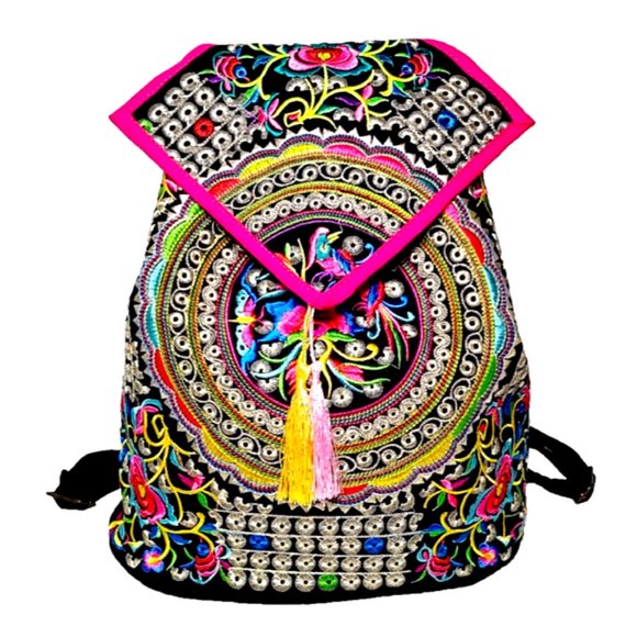Embroidery Black Backpack Red Blue Boho Geometric Shapes FloralBird Shoulder Bag - Picture 1 of 12